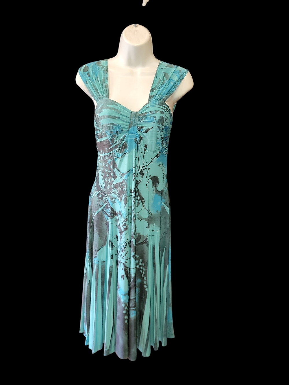 Pretty Woman Teal Floral Printed Cap-Sleeve Midi Dress